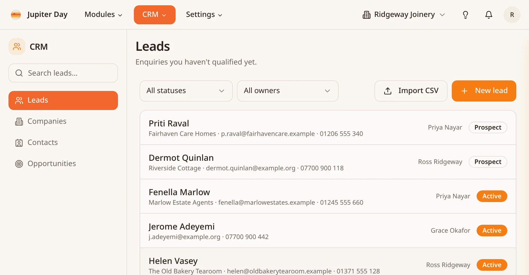 Jupiter Day CRM leads list showing enquiries with an owner and status for each