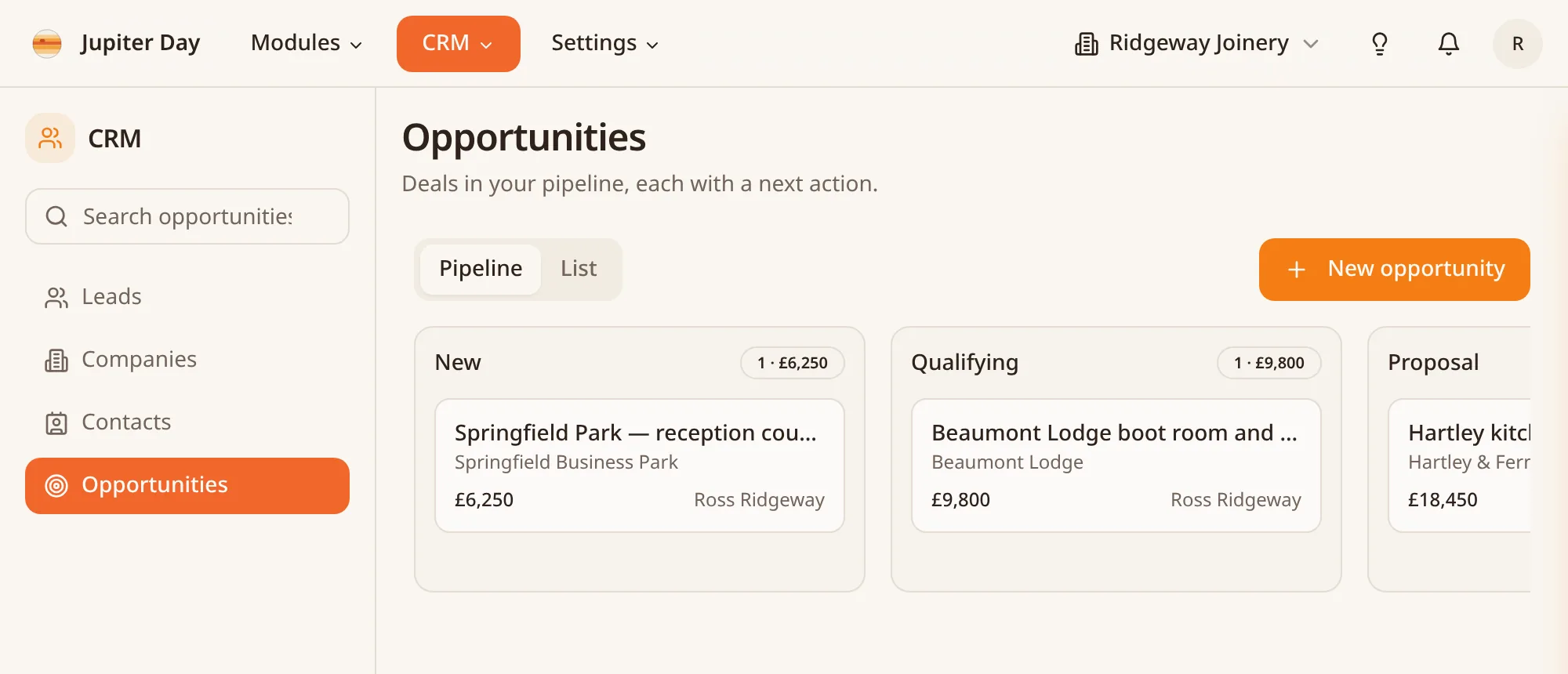 Jupiter Day CRM pipeline board showing deals in New, Qualifying and Proposal stages