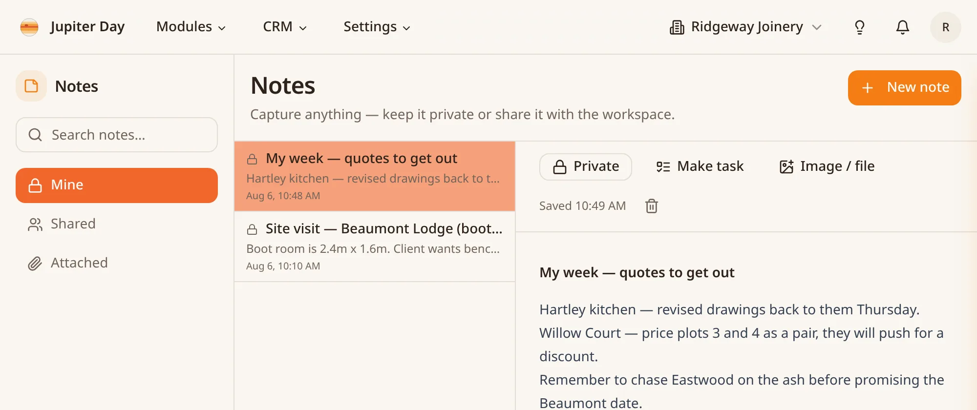 A shared Jupiter Day note about a customer site visit, with the notes list beside it