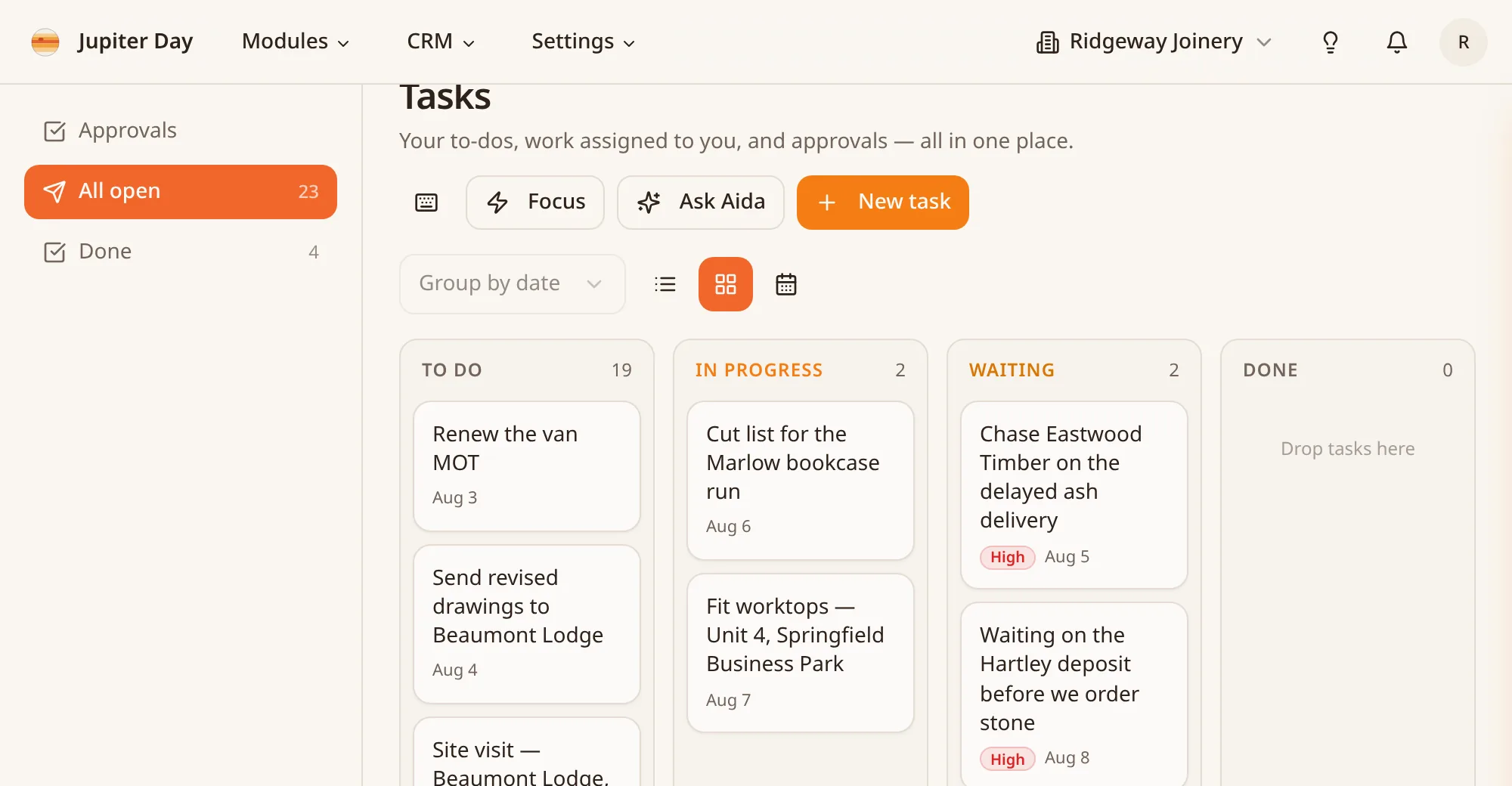 Jupiter Day tasks board with To do, In progress, Waiting and Done columns