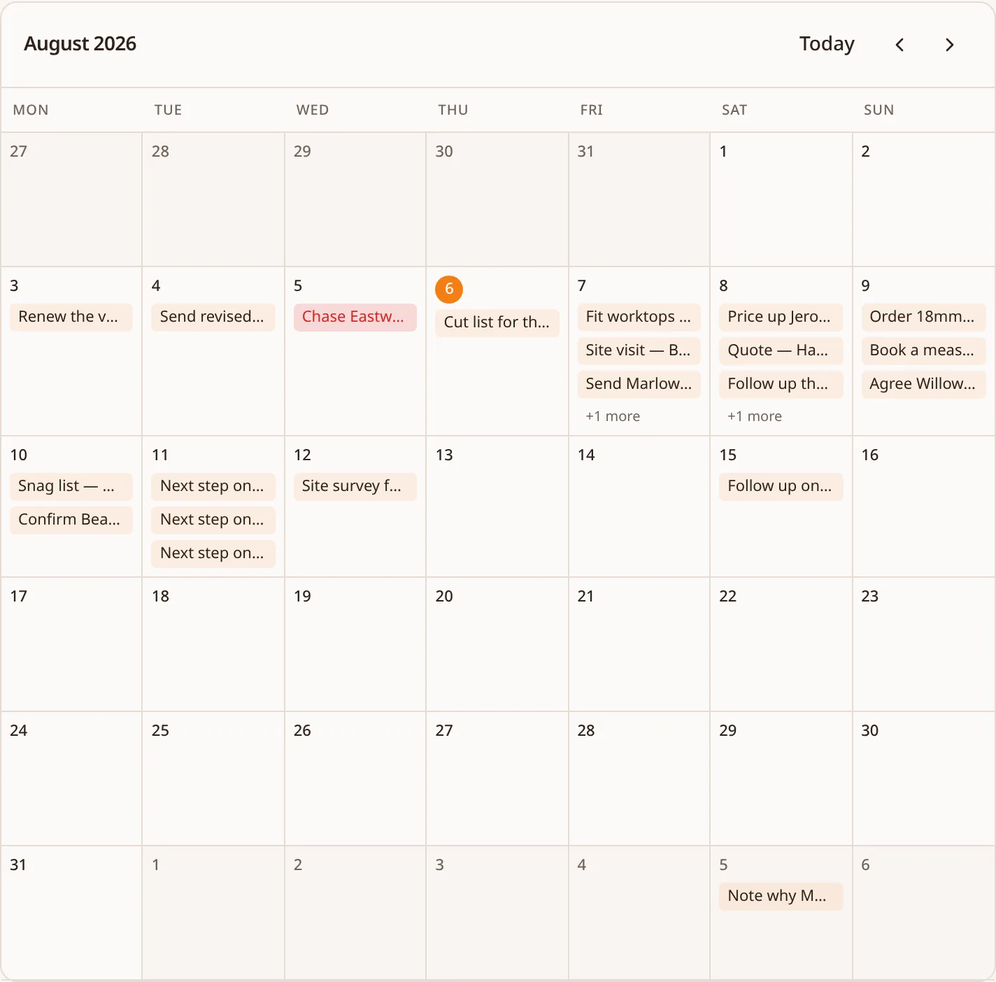 Jupiter Day month calendar showing tasks on the days they are due
