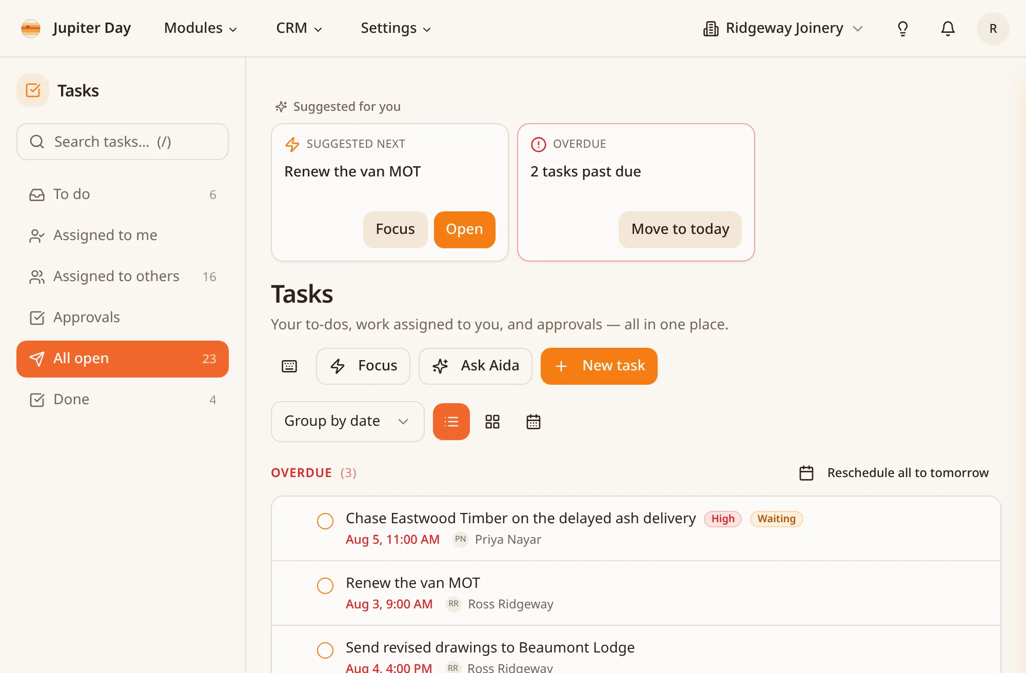 Jupiter Day tasks list showing today's and upcoming work with the people it's assigned to